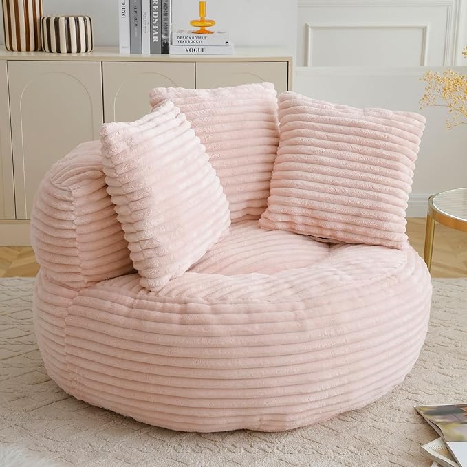 Bean Bag Chair, Corduroy Oversized Chair for Adults, Comfy Big Accent Sofa Lounge Floor Chair, Stuffed Bean Bag Couch for Gaming, Reading, Living Room, Bedroom, Pink