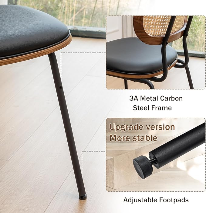 HOCEWI Rattan Dining Chairs Set of 2, Mid Century Modern Dining Chairs with Cane Back for Kitchen Dining Room, 19 Inch Faux Leather Black