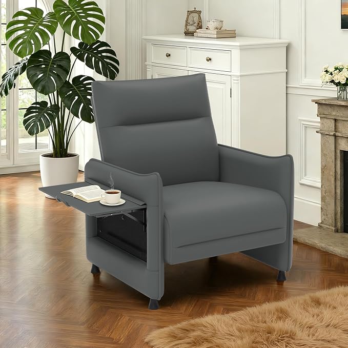 Upholstered Accent Sofas Set of 2, Modern Faux Leather Sofa Chairs with Hidden Foldable Tray & Side Pocket, Front Contour Arm Design, Small Accent Sofas for Small Spaces, Gray