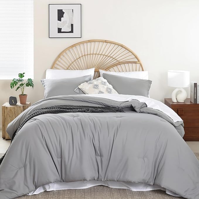 weigelia Full Size Comforter Set 7 Pieces Grey Full Bed Set Microfiber Soft Full Comforter Lightweight Fluffy Comforter Set with Fitted Sheets,Flat Sheets,Pillow Shams,and Pillowcases