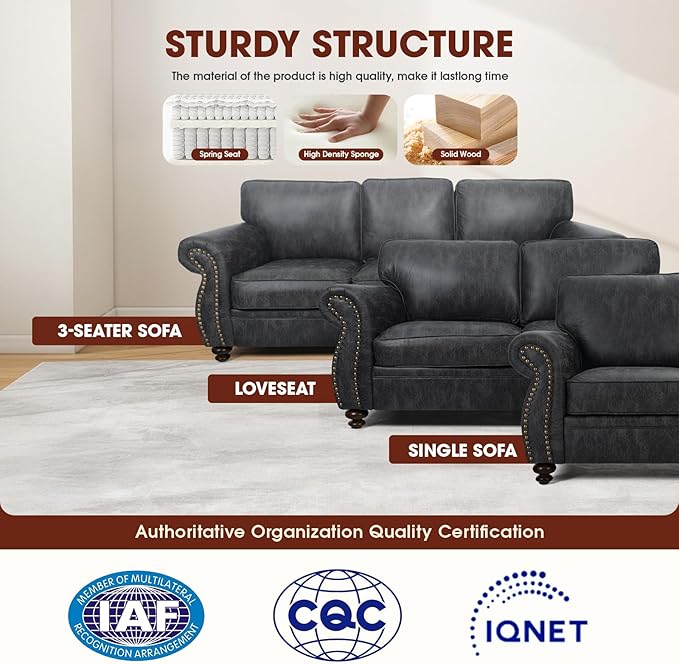 Couchus Living Room Furniture Sets,Sofa Sets and Couch Sets for Living Room,Mid-Century Vintage Sofa Couches with Rivet Design (Grey, 2 Single+3 Seater)