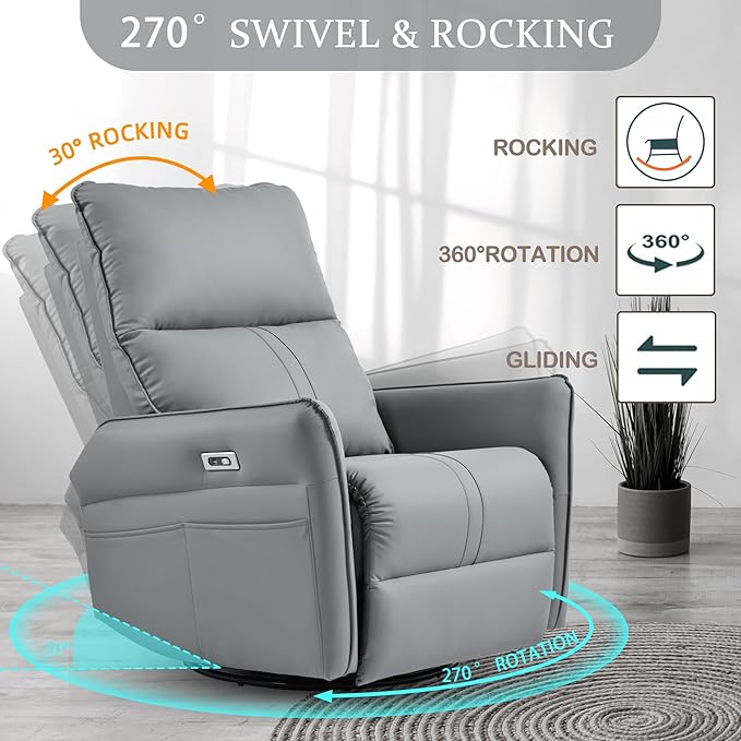 QKFF Power Swivel Rocker Recliner Chair for Nursery, Upholstered 270° Swivel Glider Rocker Chair with USB Ports, Small Power Recliners for Small Spaces Living Room