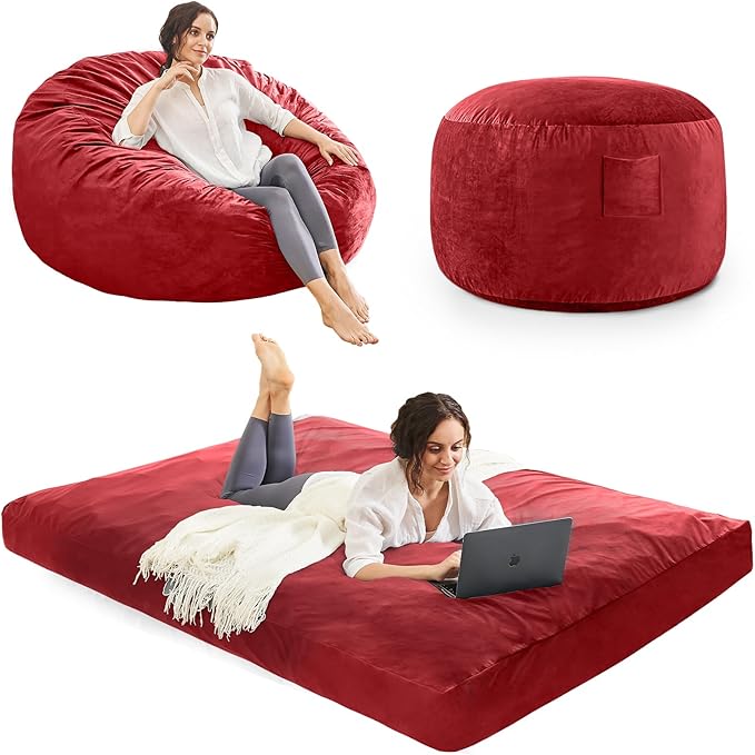 Bean Bag Chairs for Adults - Giant Bean Bag Chair Convertible Bean Bag Bed - Beanbag Chair with Micro Fiber Cover/Furniture Foam Filler - Floor Couch Sofa in Bedroom Dorm Room - Full Red