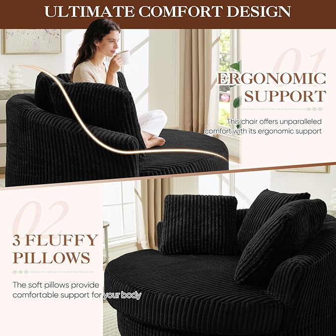 61"W Oversized Round Chaise Lounge Chair Indoor, Upholstered Corduroy Large Circle Boneless Chair with Deep Seat, No Assembly Required, Modern Comfy Cloud Sofa Chairs for Living Room, Bedroom(Black)