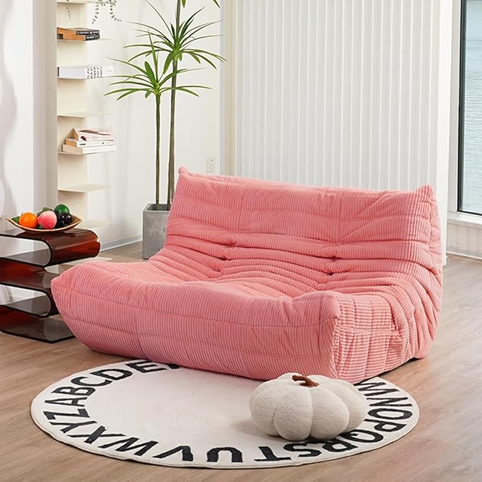 N&V Fireside Loveseat, Mid Century Armless Twin Size Floor Sofa, Soft Premium Corduroy Floor Lounge Chair, Foam Sofa Accent Chair for Living Room Bedroom and Office, Salmon