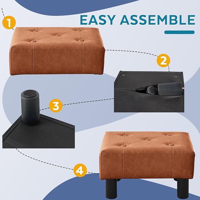 FIMIVIBI Small Foot Stool Ottoman, Faux Leather Footstool Ottoman Foot Rest for Couch, Rectangle Footstools and Ottomans Small for Living Room, Entryway and Bedroom (Bright Brown)