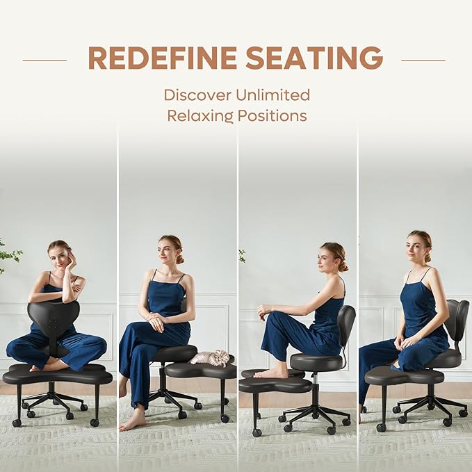 Pinmoco Ergonomic Cross Legged Chair, 360° Swivel Meditation Chair with Wheels, Height Adjustable Seat for ADHD, Strong Lumbar Support, Chic Home Office Furniture, PU Leather, Black