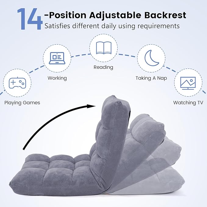 Floor Chair with Back Support, Foldling Gaming Sofa Chair with Comfy Cushion, Adjustable 14-Position Meditation Chairs, Lazy Lounge Recliner Reading Seat for Adults, Kids (Grey)