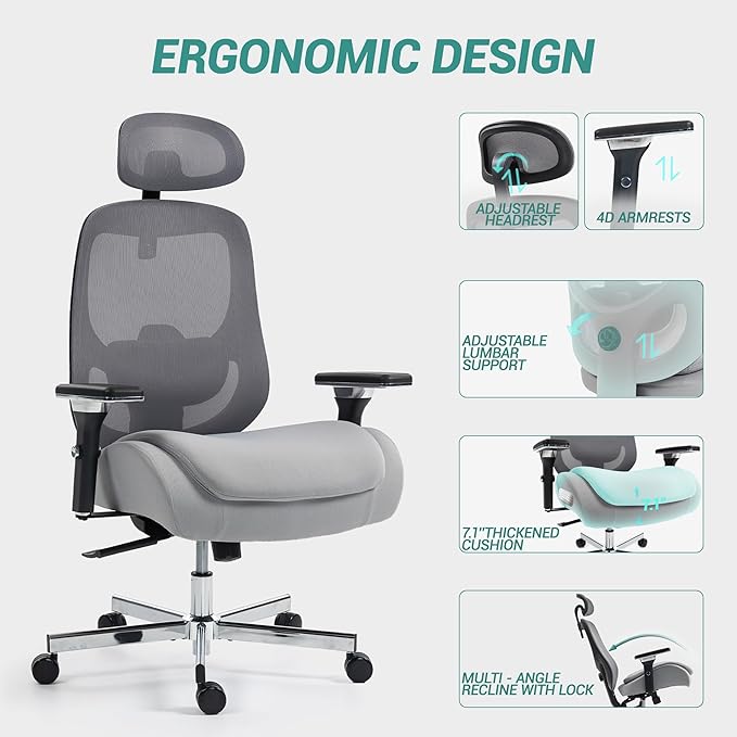 750 LBS Big and Tall Office Chair, Heavy Duty Executive Chair w/4D Arms, Ergonomic Computer Home Desk Chair, Swivel Mesh Chair w/2D Lumbar Support, Adjustable Headrest, Tilt Lock-Grey
