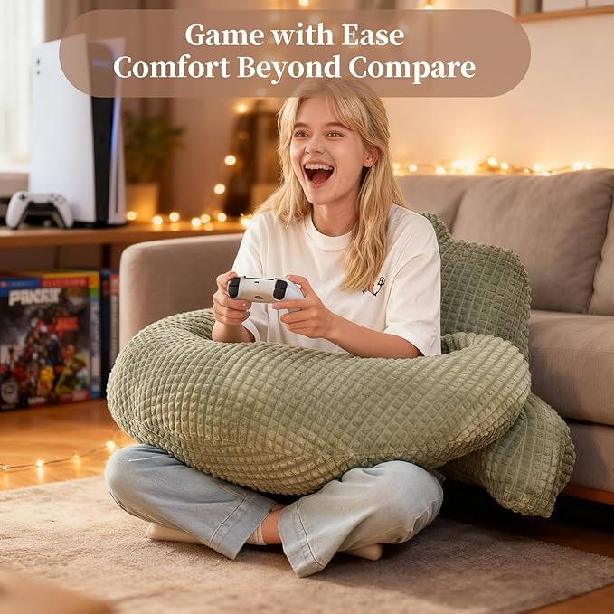 PAJEO Reading Pillow for Bed,U Shaped & Back Support Pillow for Bed,17" Backrest with Lumbar & Arm Support,Comfy Flannel Fabric,Lap Pillow for Gaming/Reading/Watching TV,Green