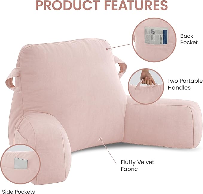 Unisakey Portable Comfy Reading Pillows for Bed Sitting Up(Pink Oeko-Tex), Velvet Back Pillow with Arms & Pockets for Adults, Support Memory Foam Bed Pillow for Dorm/Reading/Watching/Gaming