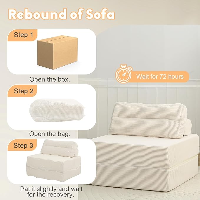 MeMoreCool Folding Sofa Bed – Convertible Sleeper Chair with Pillow, Beige, 31.5″ × 70.1″ Shredded Foam Lounge Chair for Living Room, Bedroom, Small Spaces | Headrest & Lumbar Support, Corded Fabric