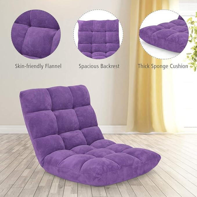 GOFLAME 14-Position Folding Floor Chair, Padded Gaming Lazy Sofa Chair with Adjustable Backrest, Couch Recliner, Sleeper Bed Lounge Chair for Reading, Gaming, Meditating (Purple)