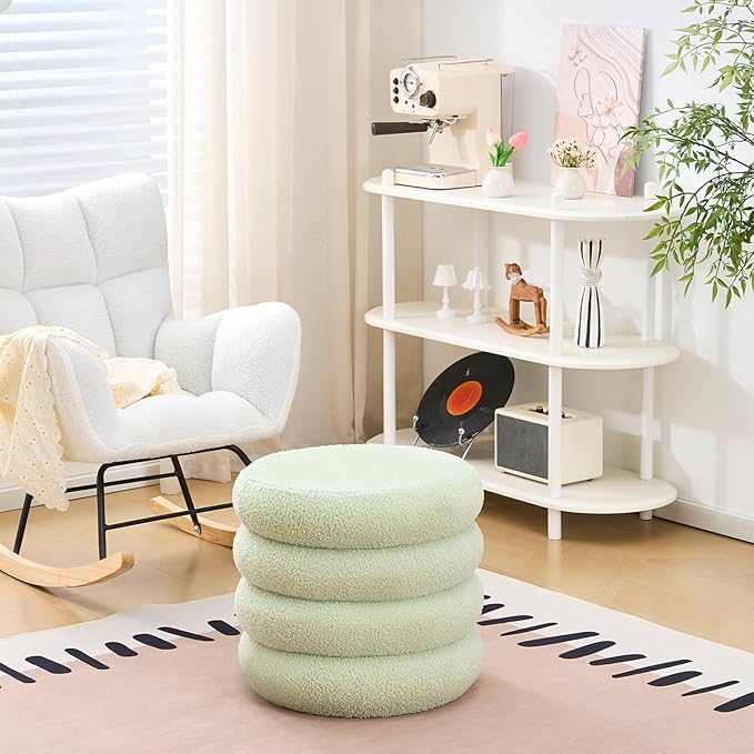 Wimarsbon Round Storage Ottoman, Modern Sherpa Footstool, Teddy Vanity Stool with Flip-Top Tray, Makeup Chair for Home Decor, Upholstered Footrest for Living Room & Bedroom (Green)
