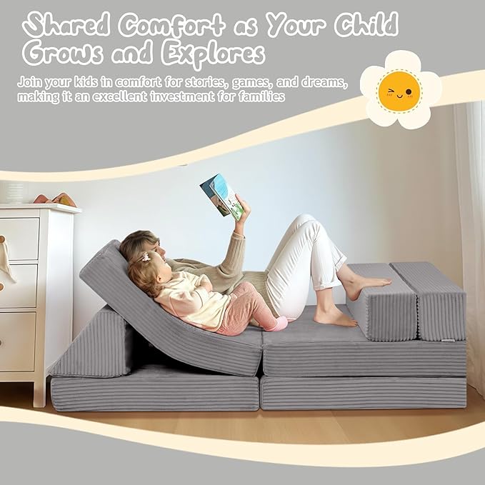 MeMoreCool Kids Modular Play Couch – 10 Piece Corduroy Foam Sofa, Light Grey Convertible Playroom Furniture for Toddlers | Fort Building Set | Washable, Soft & Durable