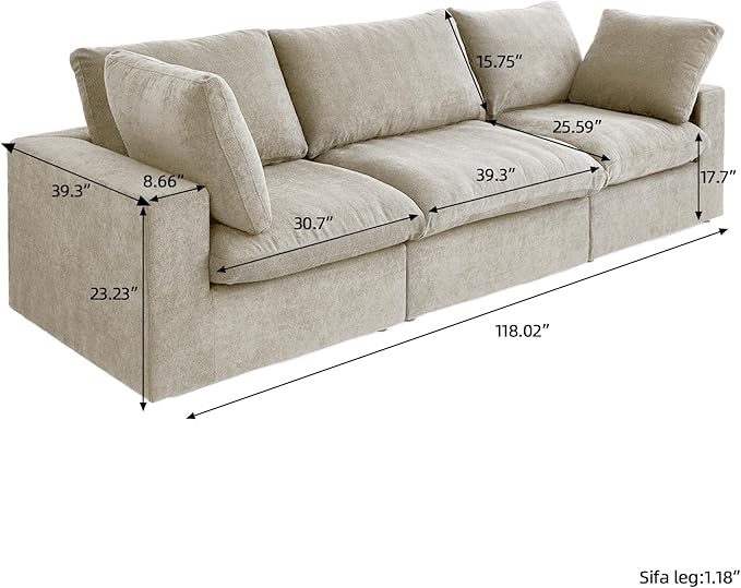 3 Seater Cloud Sectional Couch, Khaki Modular Sectional Sofa, Modern Comfy Sofa, Covers Removable, Convertible Sleeper Couch for Living Room Apartment (Linen Fabric)