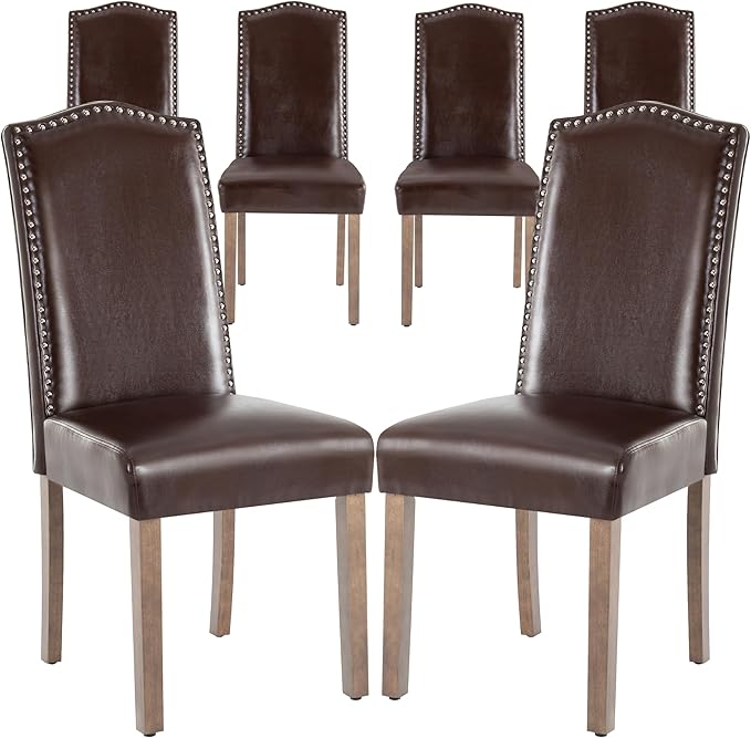 SNUGWAY Upholstered Dining Chair Stylish Parsons Kitchen High Back with Silver Nailhead Trim & Wood Legs, 6-Pack, PU Dark Brown