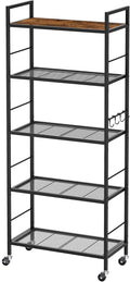 XIVIRACK 5-Tier Metal Storage Rack with Industrial Wheels,Mesh Shelving Unit with Wooden Table top,Adjustable Shelf,23.6-Inch Width,for Kitchen, Laundry,Pantry,Plant,Black