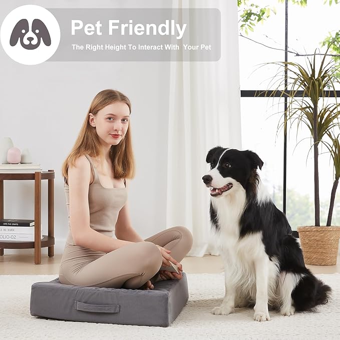 JKMAX 2 Pcs High Density Foam Floor Pillow - Upgraded Large Pillows Seating for Adults - Outdoor Floor Cushion with Soft Tufted Cover - Yoga Pillows for Sitting On Floor - 22 Inch Grey