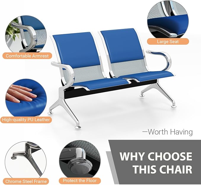 Kinfant 8-Seat Waiting Room Chairs with Arms – Heavy-Duty Steel Frame PU Leather Back & Cushioned Seat, Ergonomic Office Reception Guest Chair for Lobby, Clinic, Airport, Blue