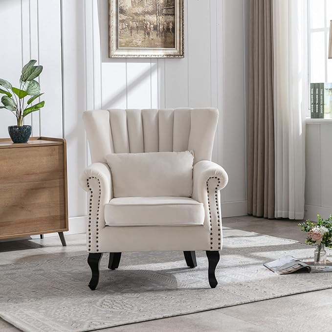 LZAREAL Accent Reading Arm Chairs Midcentury Modern Comfy Corner Sofa Chair, Wingback Waiting Room Club Chair with Tufted Back for Living Room/Bedroom/Reception Room, Velvet Cream