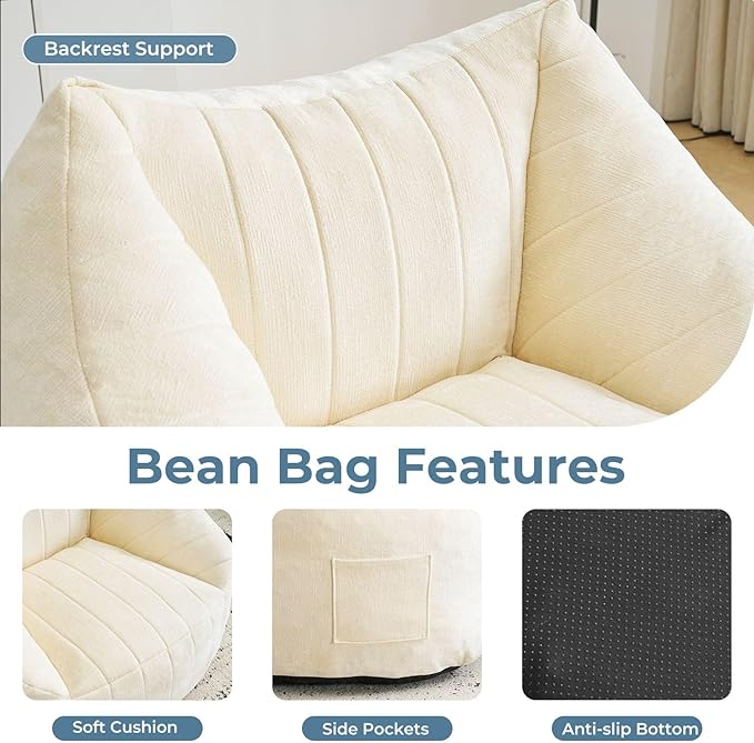 Giant Bean Bag Chair with Ottoman for Adults, Oversized Bean Bag with Filling Plush Fluffy,BeanBag Floor Sofa Chair with with Back Support for Living Room, Bedroom, Reading,Beige
