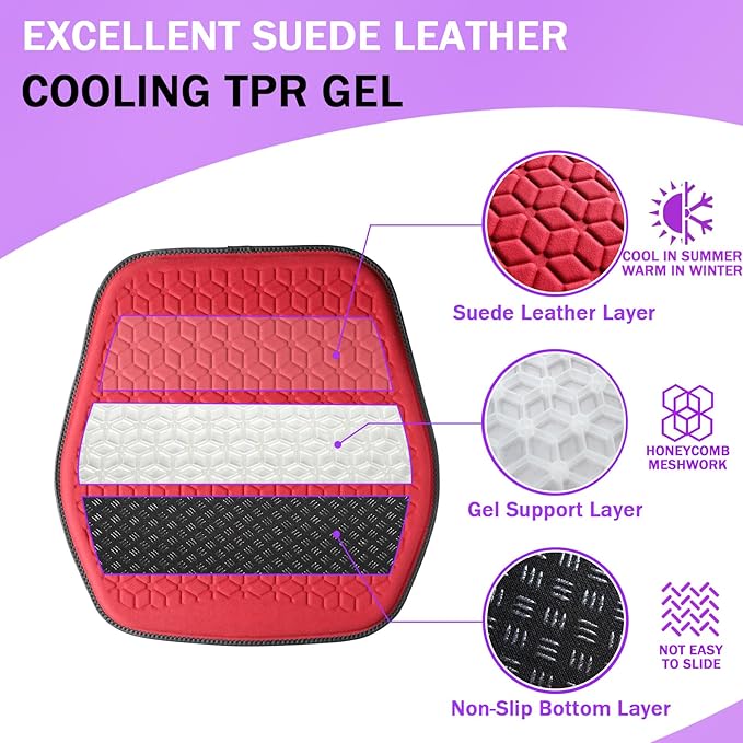 Binsheo Thin Premium Gel Seat Cushion for Car Seat, Office Chair, Wheelchair, Golf Cart - Non-Slip Car Seat Cushions with 0.7 Inch Gel - Sciatica & Coccyx Pain Relief (Suede, Red)