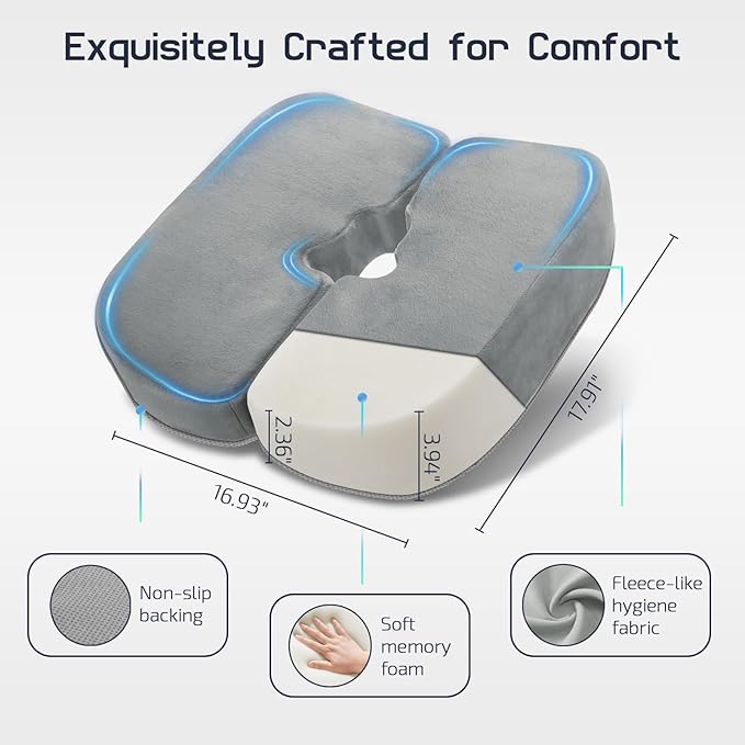 Memory Foam Bed Sore Cushions for Butt & Tailbone, Pressure Relief Cushion for Long Sitting, Donut Pillow for Tailbone, Perfect for Office, Bed, Car, Wheelchair Use (Gray)