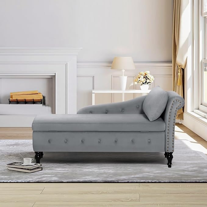 ACMEASE Upholstered Chaise Lounge with Right Armrest & Lumbar Pillow,Button Tufted Lounge Sofa with Storage,Lounge Chair Indoor,Modern Velvet Lounge Chair for Bedroom, Living Room and Office,Grey