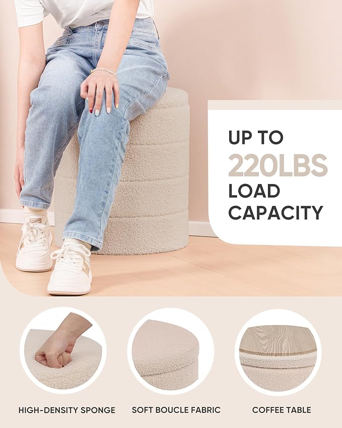 B FSOBEIIALEO Ottoman with Stroage, Round Sherpa Storage Ottoman Stool, Boucle Foot Rest 14.6"x14.6"x17.7"（Beige