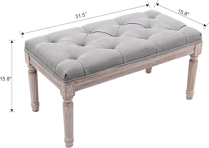 DM Furniture Ottoman Bench Upholstered Fabric Rectangle Entryway Bench, Tufted Piano Bench for 2 People, Rubber Wood Legs with Beautiful Carved Pattern for Bedroom/Living Room/Dining Room (Grey)