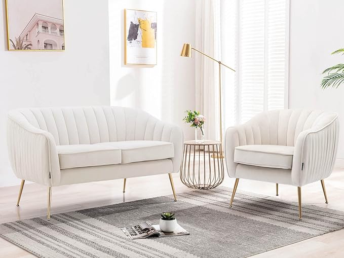 Altrobene Velvet Couch Sofa Chairs for Two People, Modern Loveseat for Living Rooms, Bedrooms, Small Spaces, Golden Finished, Beige