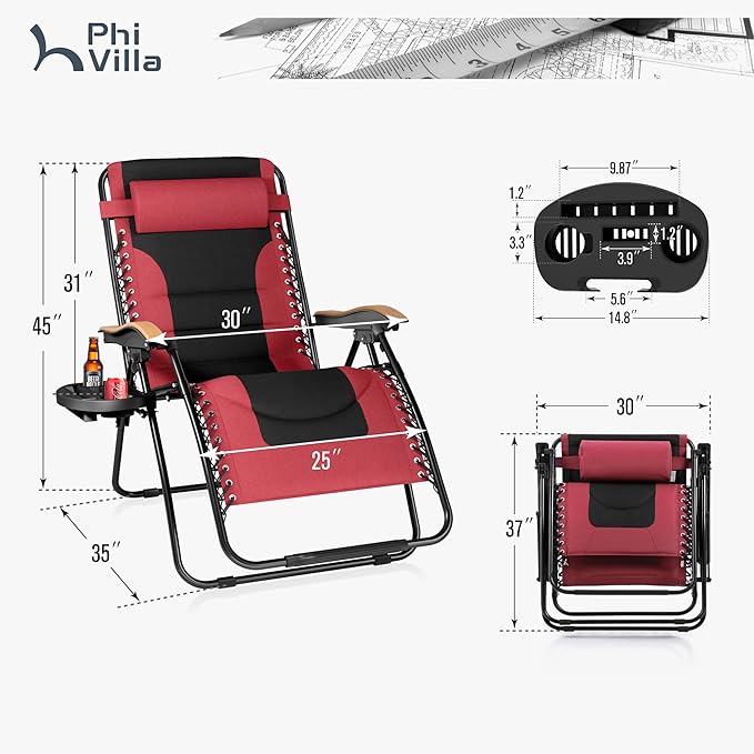 PHI VILLA XXL Oversized Padded Zero Gravity Chair, Foldable Patio Recliner, 30" Wide Seat Anti Gravity Lounger with Cup Holder, Support 400 LBS (Red)