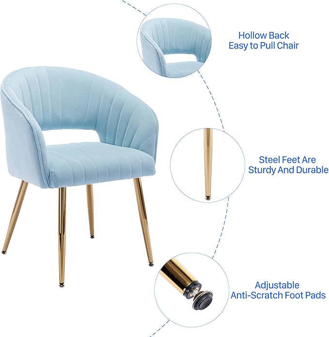 KCC Modern Accent Dining Chairs Set of 6, Velvet Dining Room Chairs with Tufted Hollow Back, Gold Metal Legs, Baby Blue