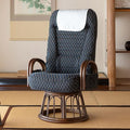 EMOOR Tatami Chair Japanese-Style Swivel Chair RYOKAN (Navy), Natural Rattan Armrest Recliner Living Room Upholstered Single Futon Sofa