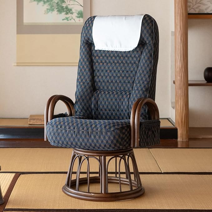 EMOOR Tatami Chair Japanese-Style Swivel Chair RYOKAN (Navy), Natural Rattan Armrest Recliner Living Room Upholstered Single Futon Sofa