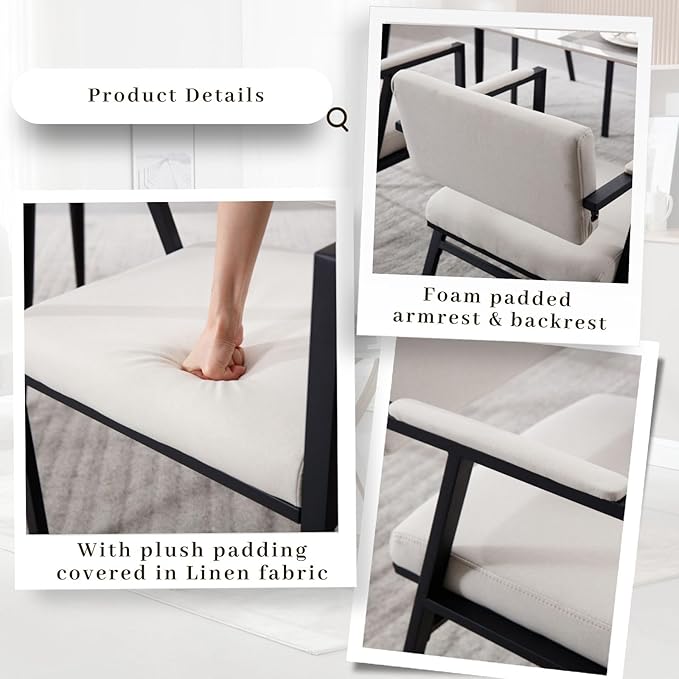 DUOMAY Modern Dining Chairs Set of 6, Linen Upholstred Side Arm Chairs Mid-Century Open Back Reception Chairs with Black Metal Legs for Kitchen Dining Room, Beige