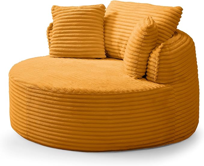53"W Oversized Round Chaise Longue Chair Indoor,Corduroy Fluffy Comfy Cloud Chair,Circle Bean Bag Sofa with Foam Filling & Pillows,Boneless Reading Cozy Sofa Chairs for Living Room,Bedroom,Yellow