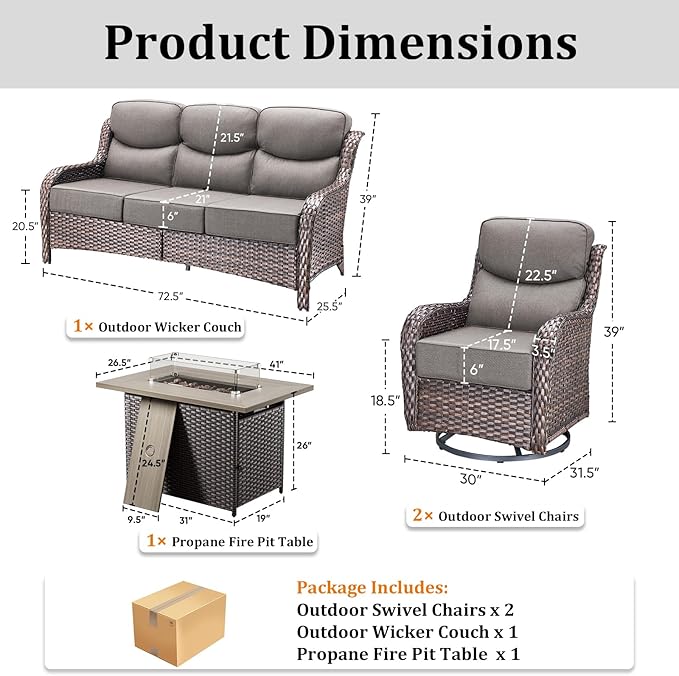 Pugire Luxury High Back Patio Furniture Set with 6-Inch Thick Cushions, 4-Pieces Outdoor Furniture with Swivel Chairs Fire Pit, Wicker Conversation Set for Porch, Balcony, Deck and Yard, Brown/Grey