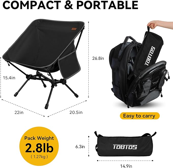 TOBTOS Ultralight Camping Chair, Portable Folding Chair Support 330 lbs, Compact Backpacking Chair with Carry Bag for Hiking Travel (Black)