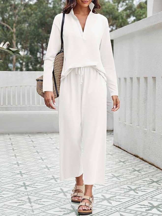 Imily Bela Womens 2 Piece Outfits Sweatsuit Long Sleeve Lapel V Neck Shirt and Wide Leg Pants 2025 Fall Trendy Tracksuit
