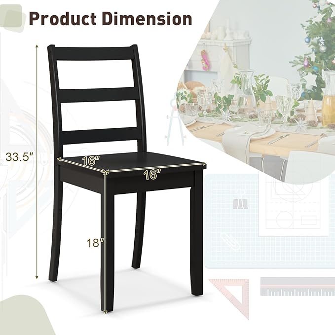 Giantex Wood Dining Chairs Set of 4 Black- Wooden Armless Kitchen Chairs with Solid Rubber Wood Legs, Non-Slip Foot Pads, Max Load 400 Lbs, Farmhouse Style High Ladder Back Wooden Dining Room Chairs