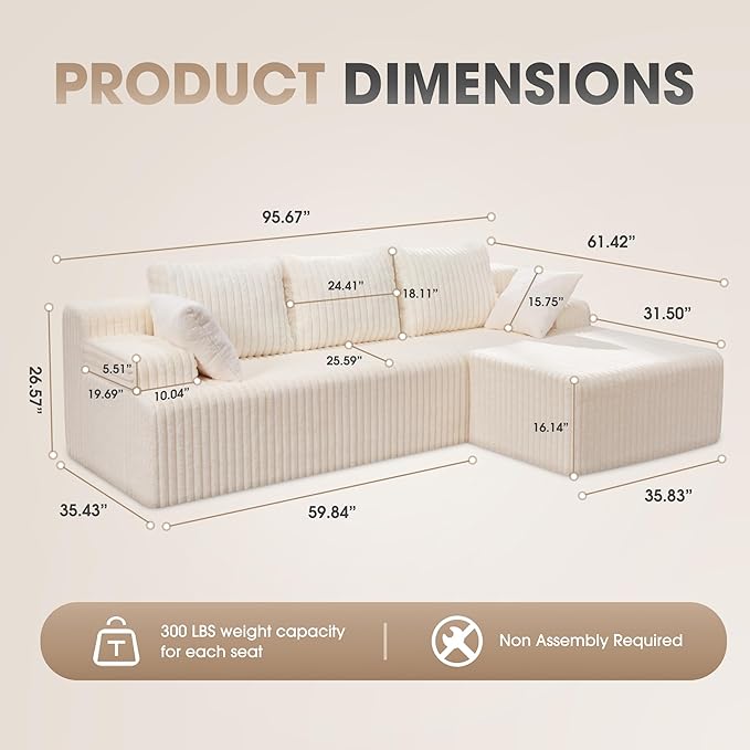 Modular Sectional Sofa Couches L-Shape Couch 3 Seat Modular Sofa Memory Foam Sectional Couches for Living Room, Cloud Couch with Oversized Chaise (White Stripe, 96" Right Facing Chaise)