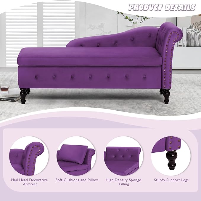 ACMEASE Upholstered Chaise Lounge with Right Armrest & Lumbar Pillow,Button Tufted Lounge Sofa with Storage,Lounge Chair Indoor,Modern Velvet Lounge Chair for Bedroom, Living Room and Office,Purpel