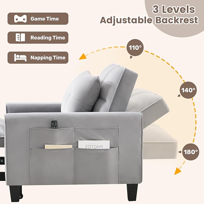 choairy Convertible Sleeper Chair, 3 in 1 Sleeper Chair Bed Pull Out Sofa Bed Chairs, Velvet Single Sofa Beds with Adjustable Backrest for Adults Reading Living Room, Bedroom, Light Grey