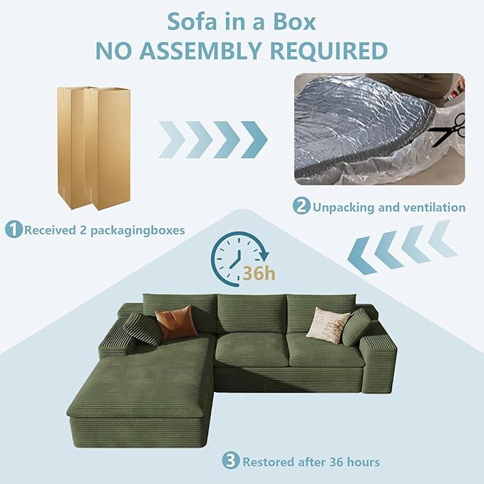 107" Cloud Sectional Couch with L-Shape Chaise, Modern Corduroy Viral Boneless Sofa for Living Room,Memory Foam Couches in a Box with Deep Seat,No Assembly Required (Green,Left-Facing Chaise)