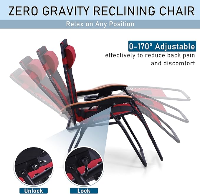 PHI VILLA XXL Oversized Padded Zero Gravity Chair, Foldable Patio Recliner, 30" Wide Seat Anti Gravity Lounger with Cup Holder, Support 400 LBS (Red)