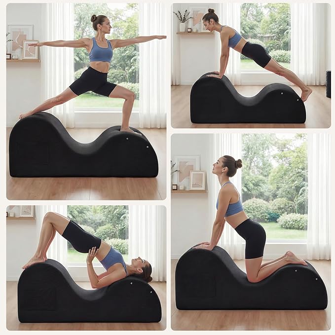 Yoga Chaise Lounge Chair, S-Shaped Floor Sofa with Moveable Headrest, Lumbar Pillow, Support Cushion, Footrest, Non-Slip Base, No-Assembly Lounger for Stretching, Meditation & Relaxation (Black)
