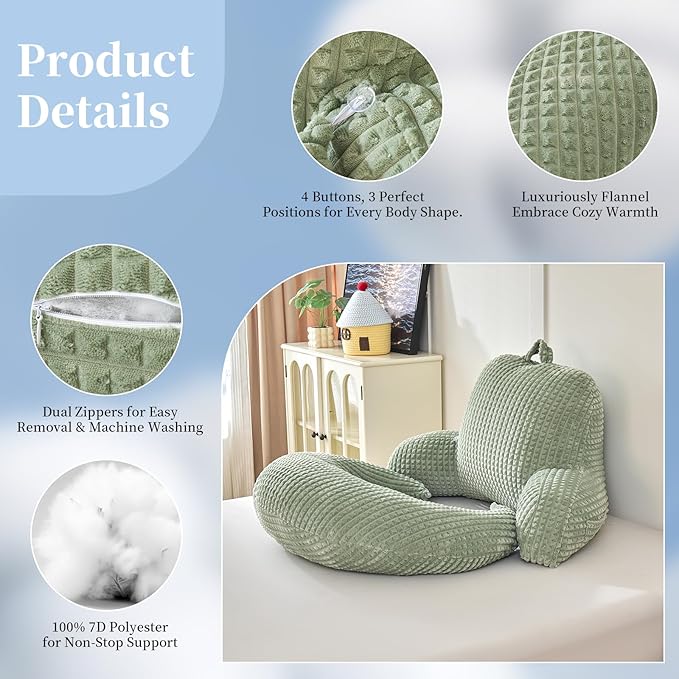 PAJEO Reading Pillow for Bed,U Shaped & Back Support Pillow for Bed,17" Backrest with Lumbar & Arm Support,Comfy Flannel Fabric,Lap Pillow for Gaming/Reading/Watching TV,Green