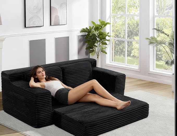 Loveseat Cloud Boneless Couch, Upholstered Floor Sofa with Armrests, 2-in-1 Convertible Corduroy Couch Bed for Living Room, Apartment, Black